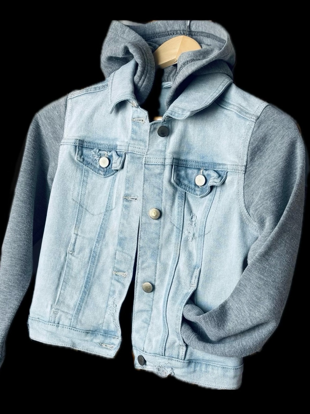 wonder nation |  Light Blue Denim Jacket | Gray Hood & Sleeves. size: M (7-8)